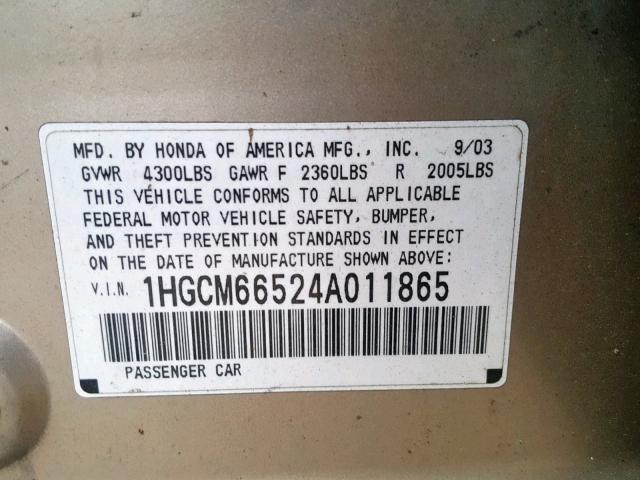 1HGCM66524A011865 - 2004 HONDA ACCORD EX GOLD photo 10