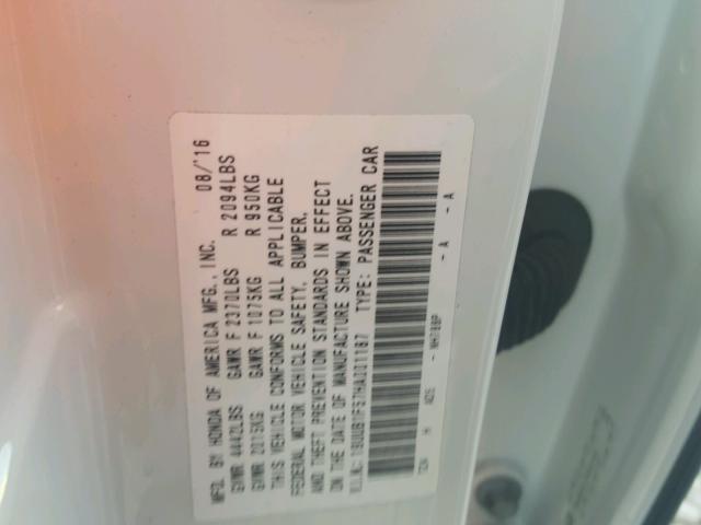 19UUB1F57HA001187 - 2017 ACURA TLX TECH თეთრი ფოტო 10