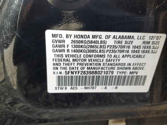 5FNYF28398B021079 - 2008 HONDA PILOT SE BLACK photo 10