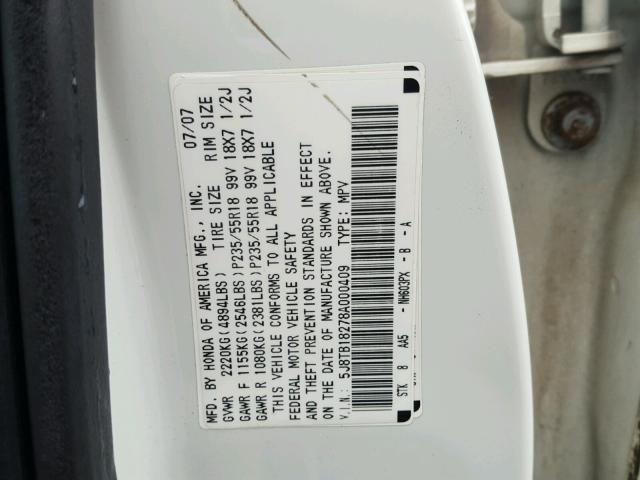 5J8TB18278A000409 - 2008 ACURA RDX WHITE photo 10