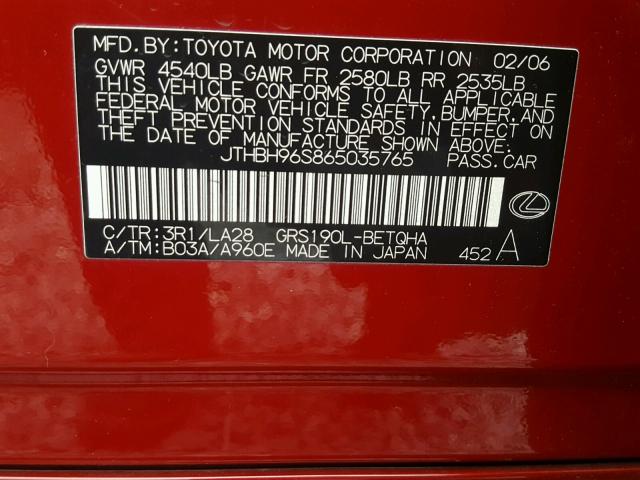 JTHBH96S865035765 - 2006 LEXUS GS GENERAT RED photo 10