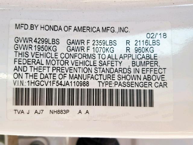 1HGCV1F54JA110988 - 2018 HONDA ACCORD EXL WHITE photo 10