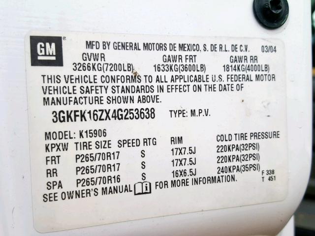 3GKFK16ZX4G253638 - 2004 GMC YUKON XL K WHITE photo 10