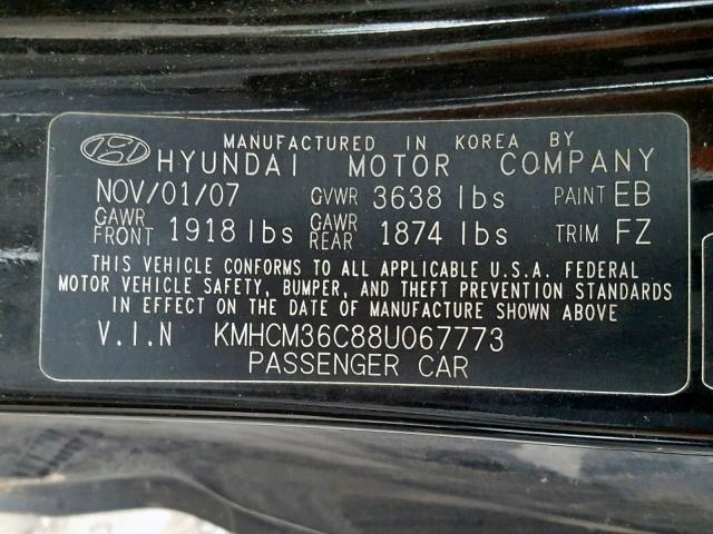 KMHCM36C88U067773 - 2008 HYUNDAI ACCENT GS BLACK photo 10