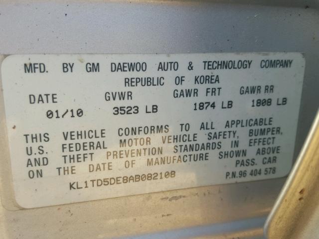 KL1TD5DE8AB082108 - 2010 CHEVROLET AVEO LS SILVER photo 10