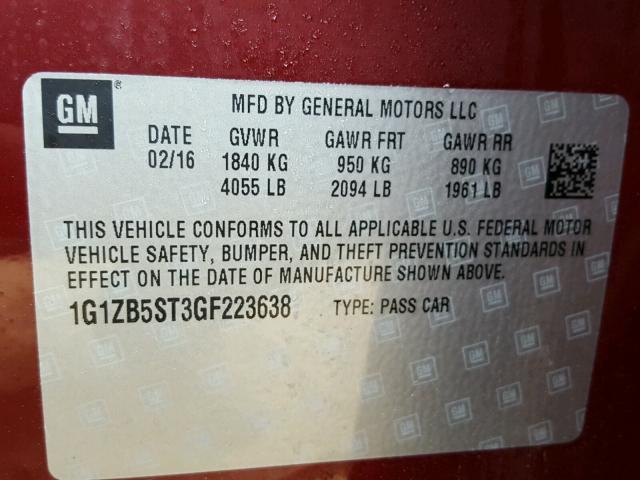 1G1ZB5ST3GF223638 - 2016 CHEVROLET MALIBU LS MAROON photo 10