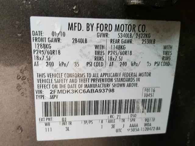 2FMDK3KC6ABA93798 - 2010 FORD EDGE LIMIT GRAY photo 10