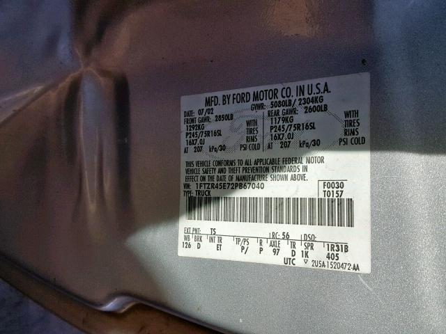 1FTZR45E72PB67040 - 2002 FORD RANGER SUP GRAY photo 10