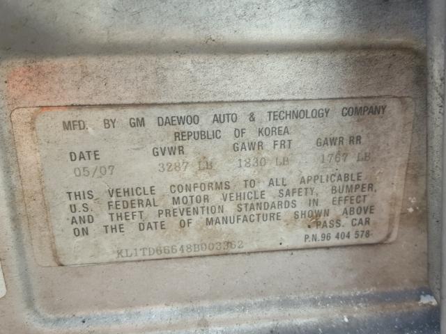 KL1TD66648B003362 - 2008 CHEVROLET AVEO BASE Күміс фото 10