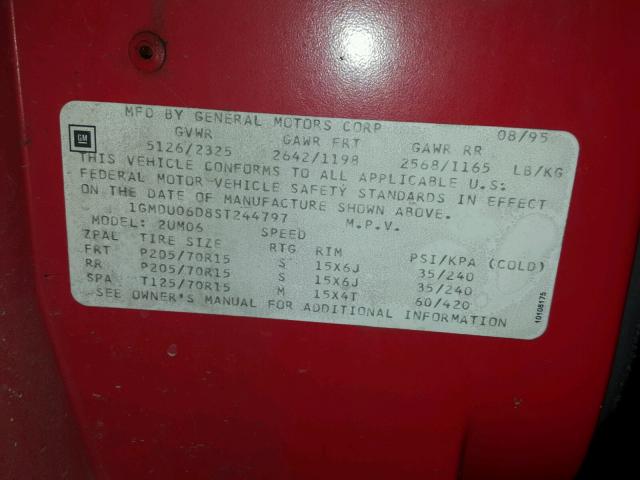 1GMDU06D8ST244797 - 1995 PONTIAC TRANS SPOR RED photo 10