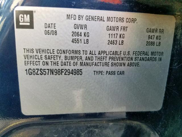 1G8ZS57N98F294985 - 2008 SATURN AURA XE BLUE photo 10