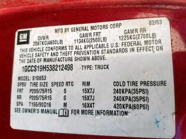 1GCCS19H538212498 - 2003 CHEVROLET S TRUCK S1 RED photo 10