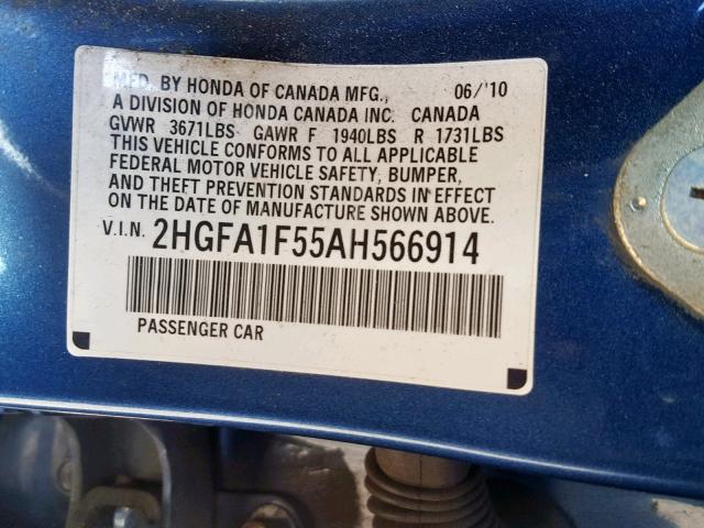 2HGFA1F55AH566914 - 2010 HONDA CIVIC LX BLUE photo 10