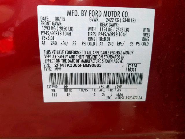 2FMTK3J85FBB90863 - 2015 FORD EDGE SEL RED photo 10