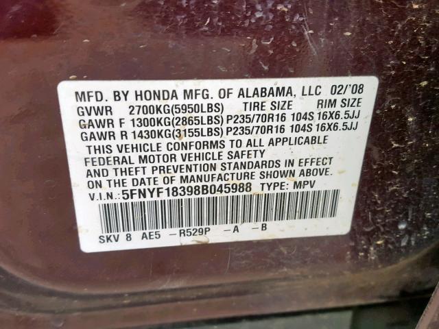 5FNYF18398B045988 - 2008 HONDA PILOT SE BURGUNDY photo 10