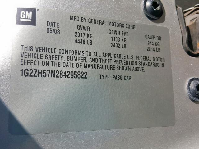 1G2ZH57N284295822 - 2008 PONTIAC G6 GT SILVER photo 10