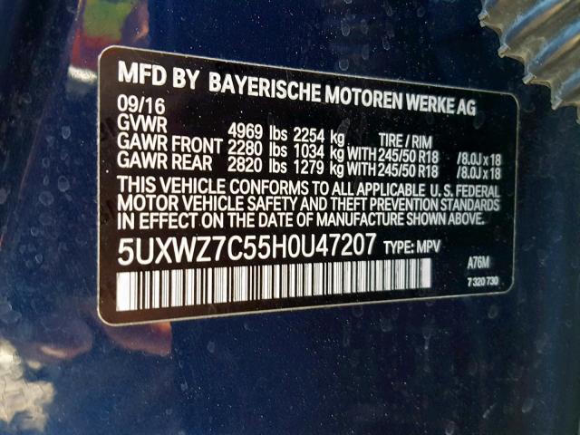 5UXWZ7C55H0U47207 - 2017 BMW X3 SDRIVE2 BLUE photo 10