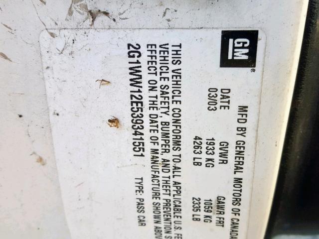 2G1WW12E539341551 - 2003 CHEVROLET MONTE CARL თეთრი ფოტო 10