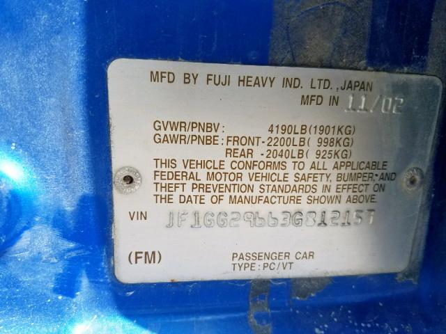 JF1GG29663G812157 - 2003 SUBARU IMPREZA WR BLUE photo 10