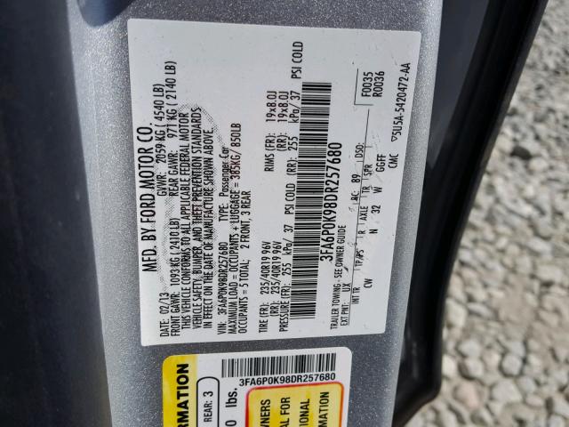 3FA6P0K98DR257680 - 2013 FORD FUSION TIT SILVER photo 10