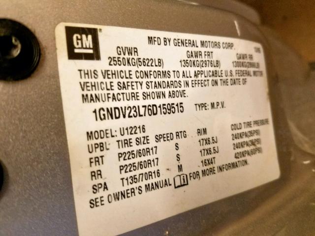 1GNDV23L76D159515 - 2006 CHEVROLET UPLANDER L SILVER photo 10