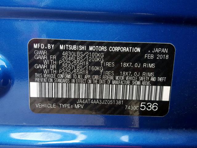 JA4AT4AA3JZ051381 - 2018 MITSUBISHI ECLIPSE CR BLUE photo 10