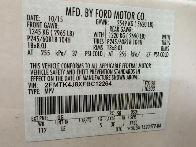 2FMTK4J8XFBC12264 - 2015 FORD EDGE SEL WHITE photo 10