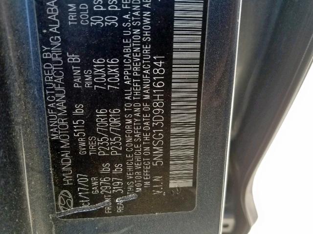 5NMSG13D98H161841 - 2008 HYUNDAI SANTA FE G GRAY photo 10