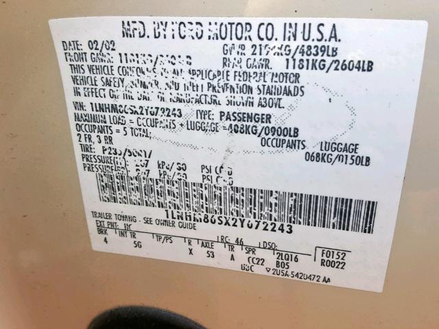 1LNHM86SX2Y672243 - 2002 LINCOLN LS 奶油色 照片 10