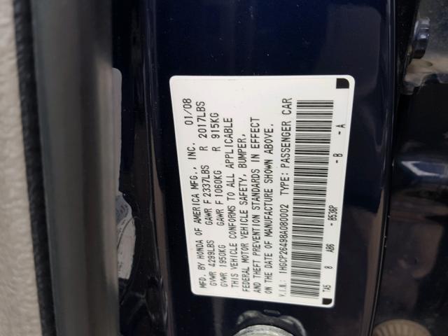 1HGCP26498A080002 - 2008 HONDA ACCORD LXP BLUE photo 10