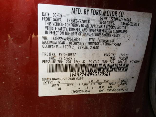 1FAHP24W99G120561 - 2009 FORD TAURUS SEL RED photo 10