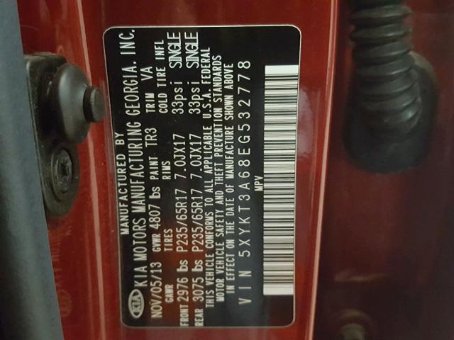 5XYKT3A68EG532778 - 2014 KIA SORENTO LX RED photo 10