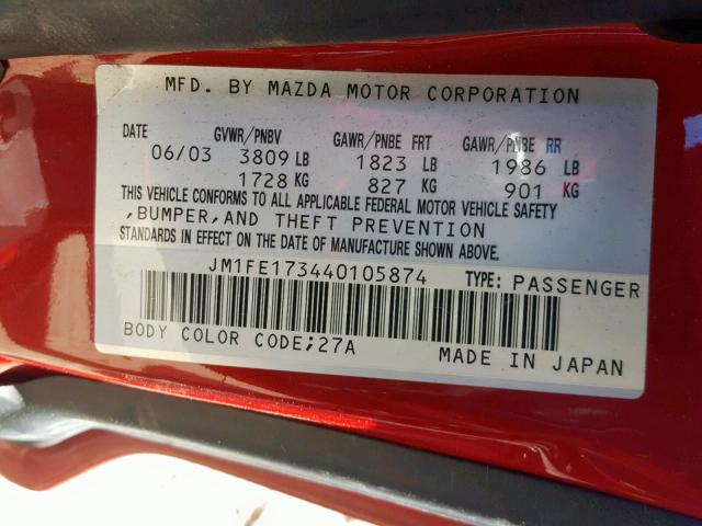 JM1FE173440105874 - 2004 MAZDA RX8 RED photo 10