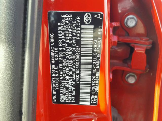 VNKKTUD35GA066227 - 2016 TOYOTA YARIS L RED photo 10