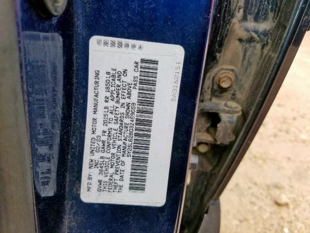 5Y2SL62803Z469059 - 2003 PONTIAC VIBE BLUE photo 10