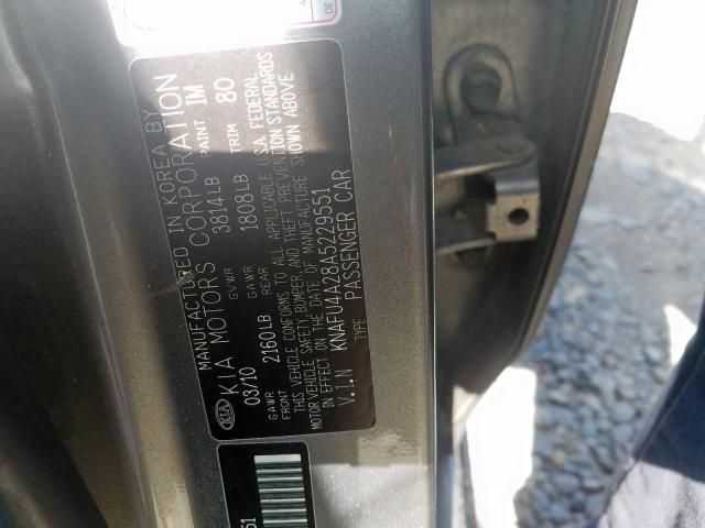 KNAFU4A28A5229551 - 2010 KIA FORTE EX CHARCOAL photo 10