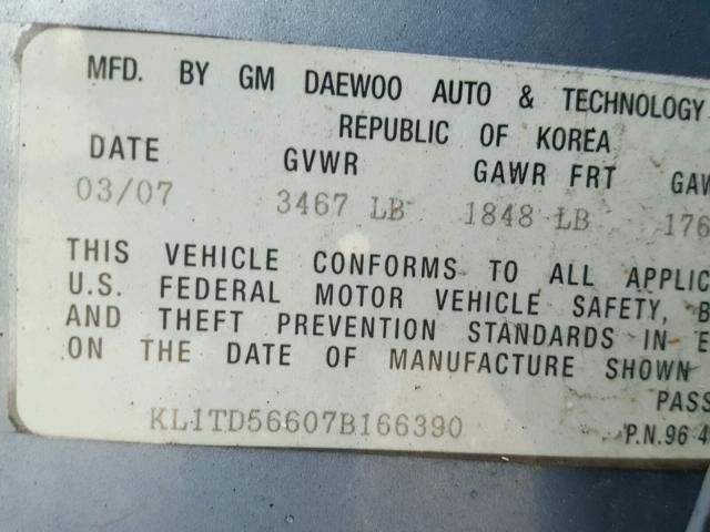 KL1TD56607B166390 - 2007 CHEVROLET AVEO BASE Mavi foto 10