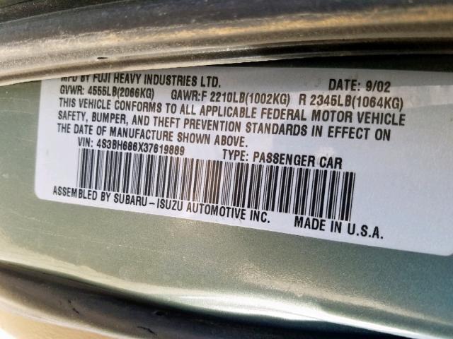 4S3BH686X37619889 - 2003 SUBARU LEGACY OUT GREEN photo 10