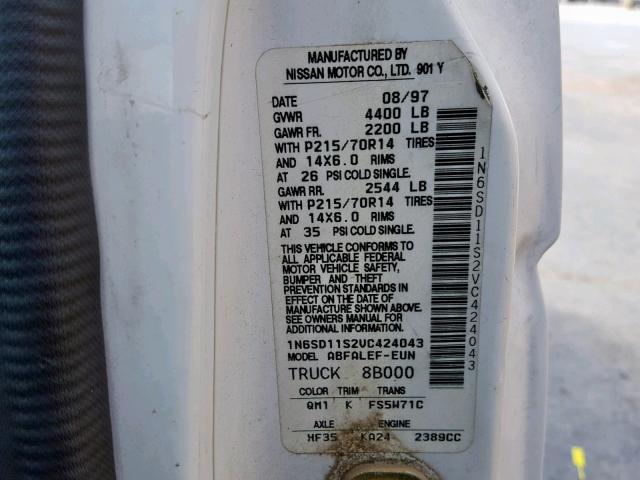 1N6SD11S2VC424043 - 1997 NISSAN TRUCK BASE WHITE photo 10