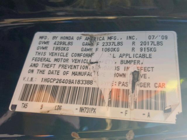 1HGCP26409A183388 - 2009 HONDA ACCORD LXP BLACK photo 10