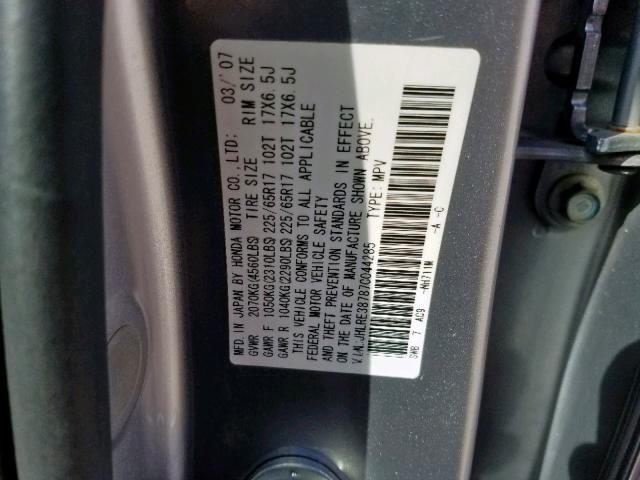 JHLRE38787C044285 - 2007 HONDA CR-V EXL GRAY photo 10