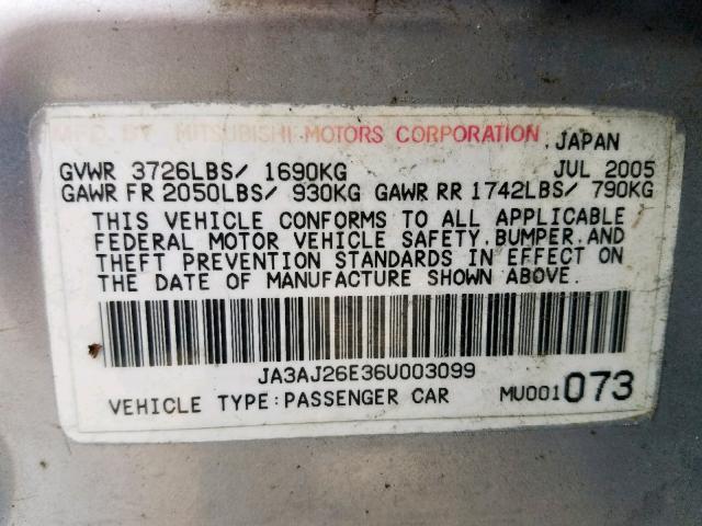 JA3AJ26E36U003099 - 2006 MITSUBISHI LANCER ES SILVER photo 10