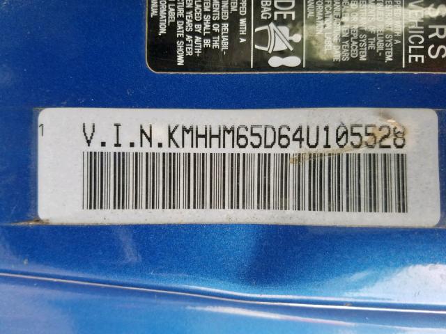 KMHHM65D64U105528 - 2004 HYUNDAI TIBURON BLUE photo 10