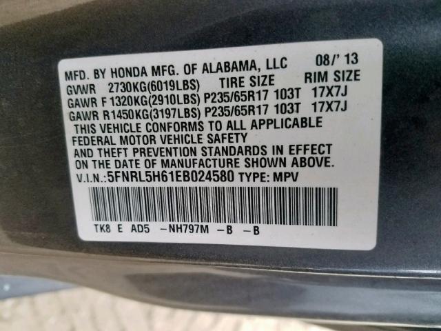 5FNRL5H61EB024580 - 2014 HONDA ODYSSEY EX GRAY photo 10