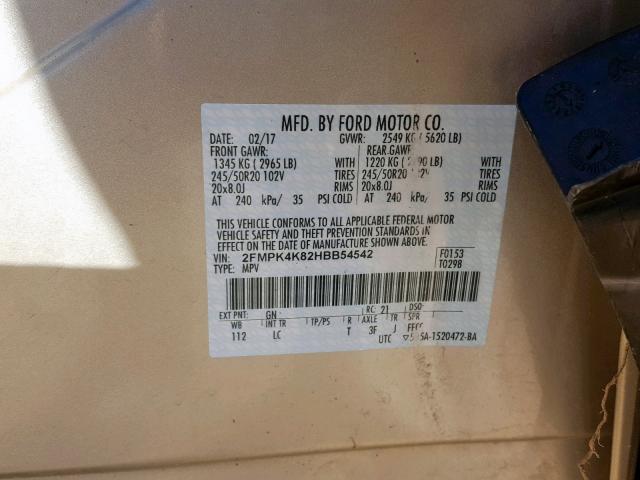 2FMPK4K82HBB54542 - 2017 FORD EDGE TITAN GOLD photo 10