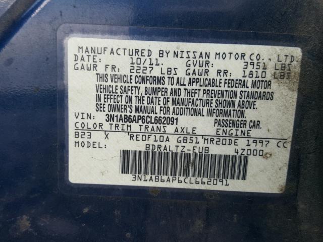 3N1AB6AP6CL662091 - 2012 NISSAN SENTRA 2.0 BLUE photo 10