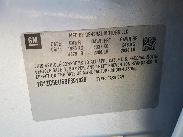 1G1ZC5EU6BF391428 - 2011 CHEVROLET MALIBU 1LT SILVER photo 10