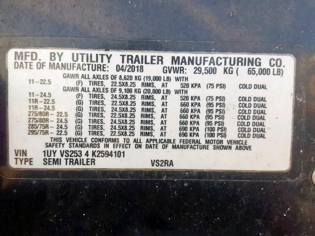 1UYVS2534K2594101 - 2019 UTILITY TRAILER BLACK photo 10