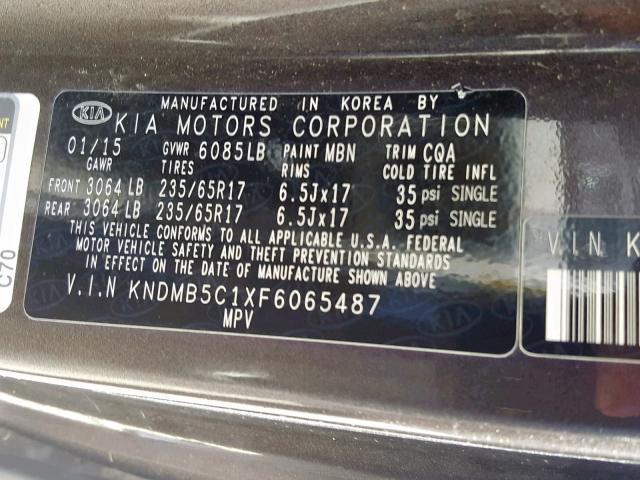 KNDMB5C1XF6065487 - 2015 KIA SEDONA LX BROWN photo 10