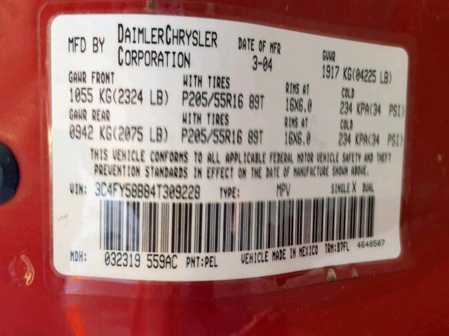 3C4FY58B84T309228 - 2004 CHRYSLER PT CRUISER RED photo 10